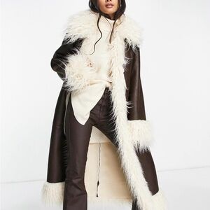 Rare Topshop Faux Leather & Mongolian Fur Trim Long Coat Brown Luxe